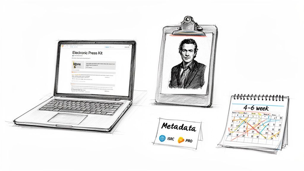 A digital press kit, artist portrait, metadata, and a 4-6 week calendar illustrating music promotion.