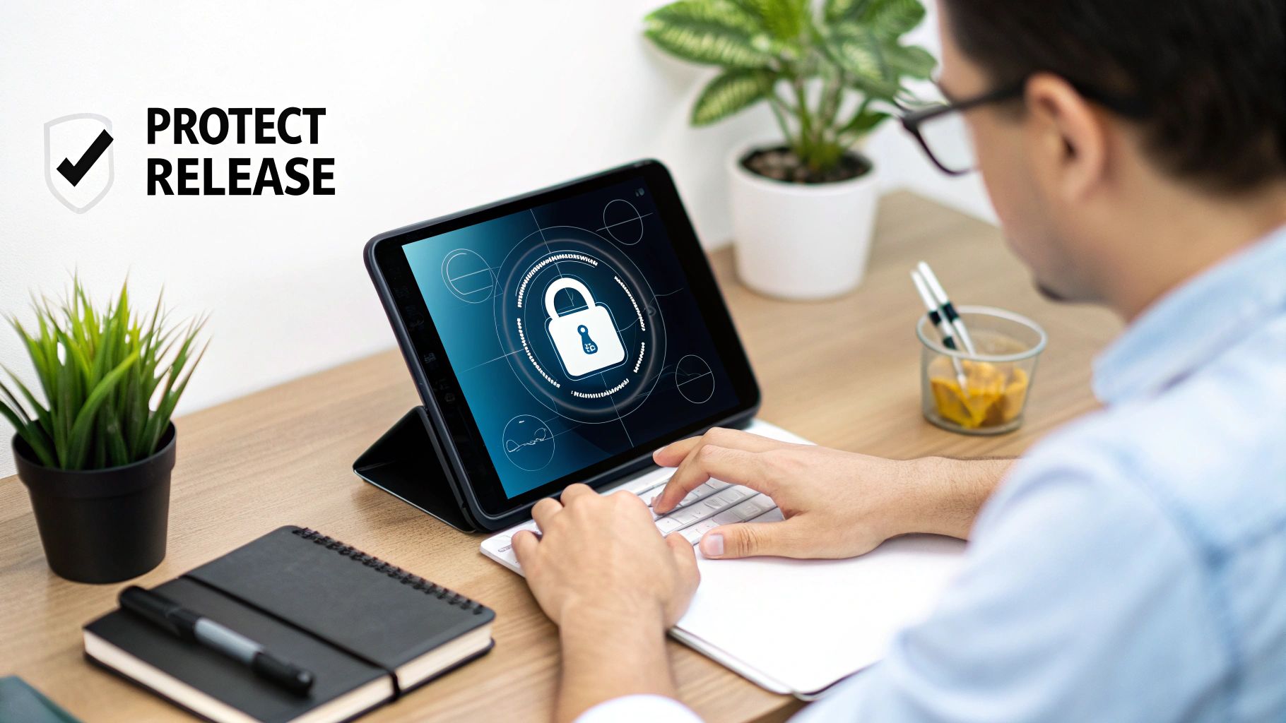 A person working on a tablet displaying a security lock icon, promoting protection and release.