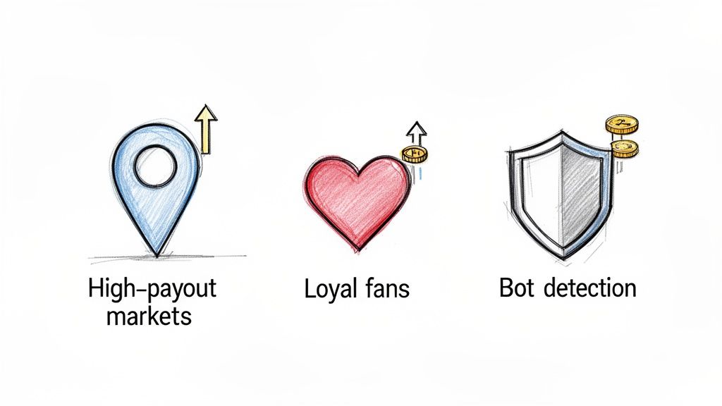 Sketches depicting strategies for high-payout markets, cultivating loyal fans, and ensuring bot detection.