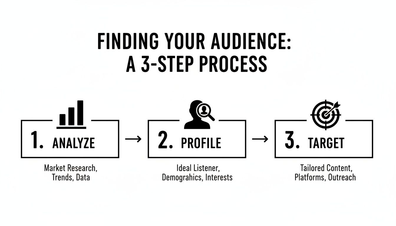A 3-step process infographic for finding your audience: Analyze, Profile, Target.
