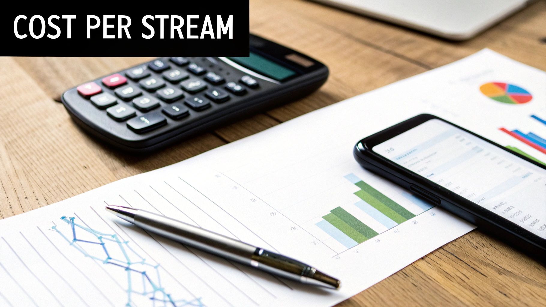 Desk with calculator, smartphone, papers displaying charts and graphs, and a pen, with 'COST PER STREAM' text overlay.