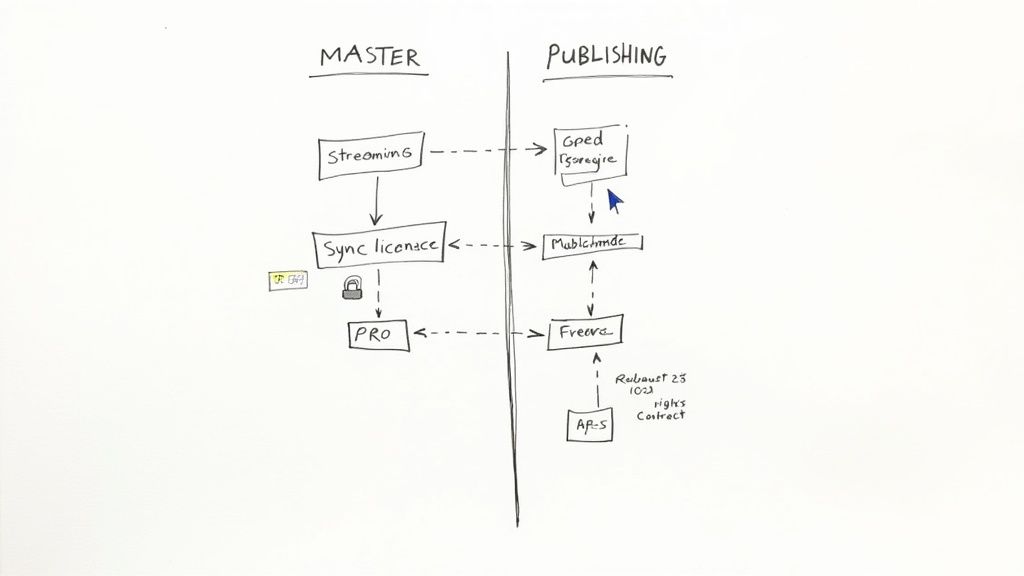 A person signing a music contract at a desk with a laptop and headphones