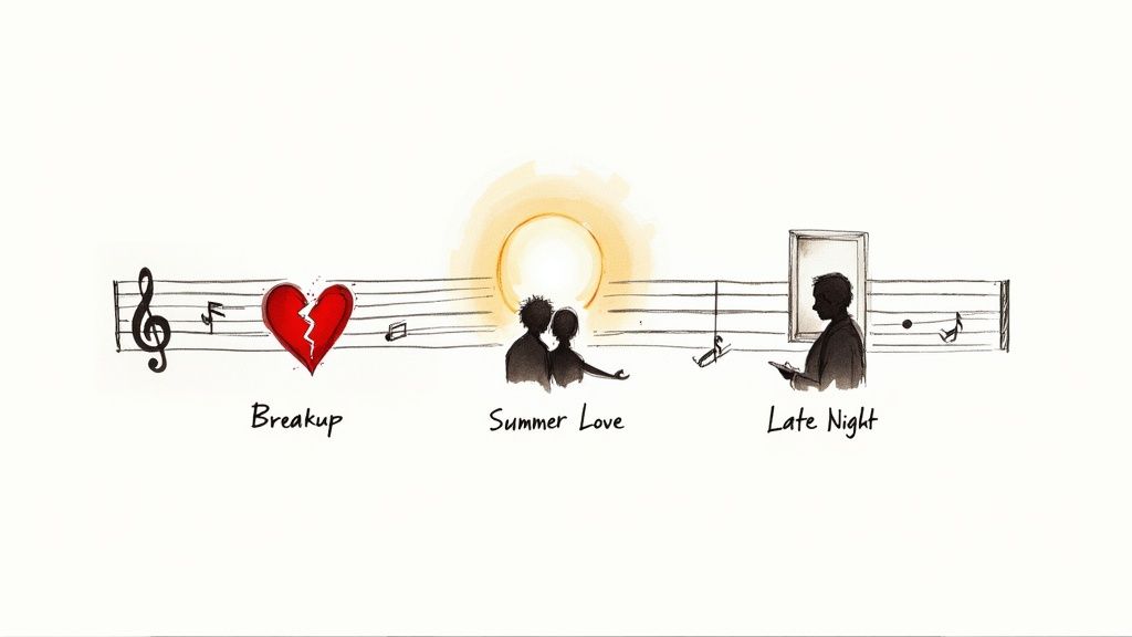 Three illustrated music staff scenes depicting different moods: a broken heart, a couple under the sun, and a person on a phone.