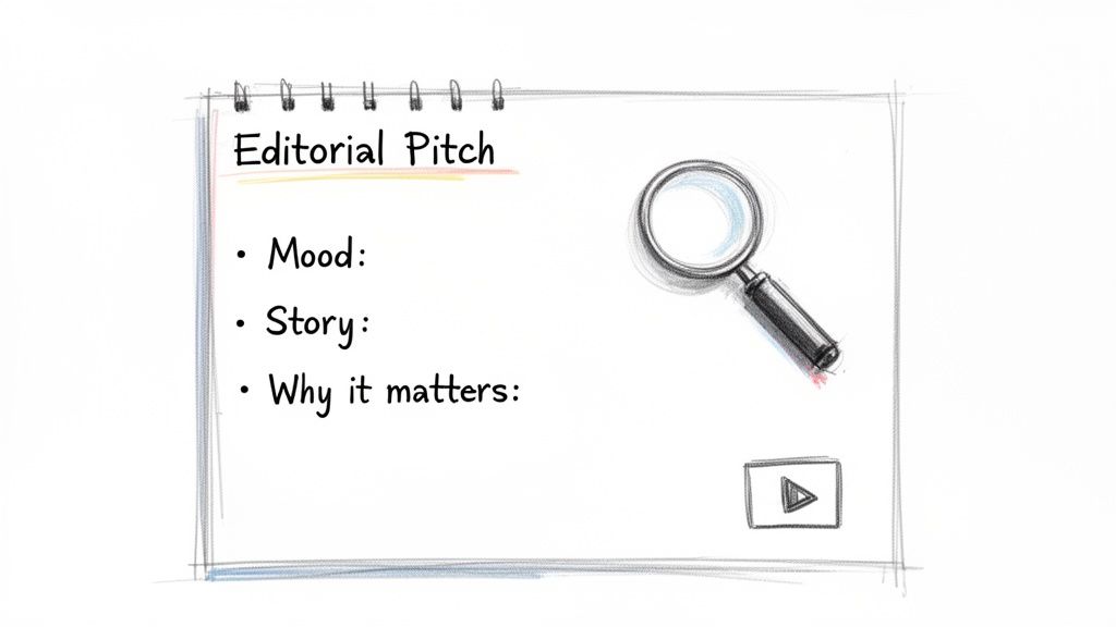 Hand-drawn editorial pitch on a notepad with bullet points for Mood, Story, and Why it matters.