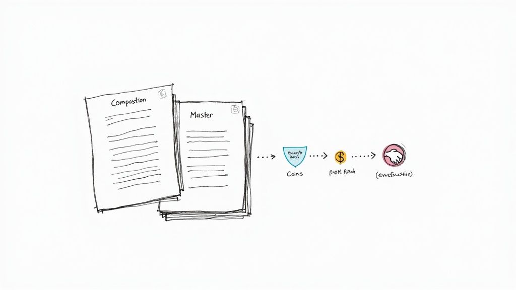 Diagram illustrating the music publishing process from composition and master to coins, profit, and the final result.