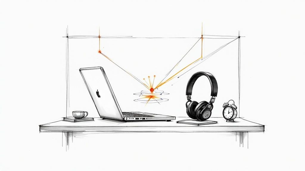 A sketch of a workspace with a laptop, headphones, coffee, and an alarm clock.
