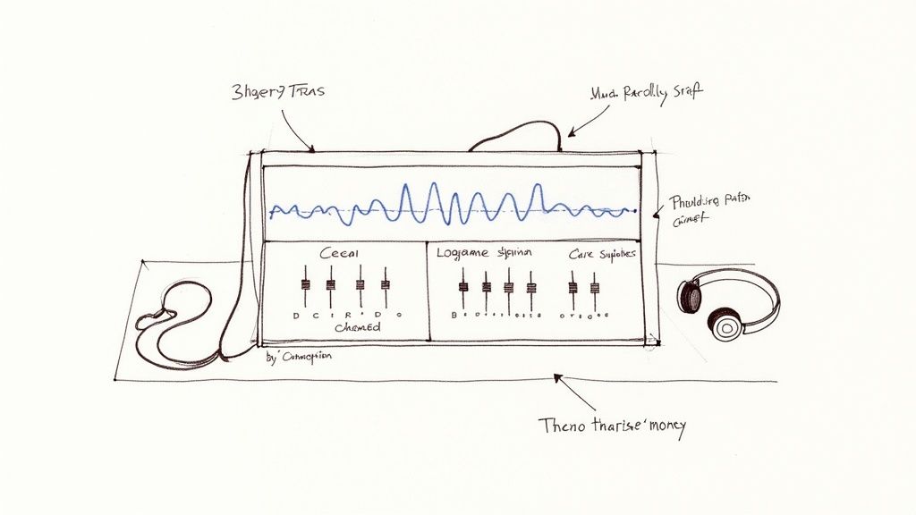 Sketch of a music production device featuring a waveform, faders, and connected headphones.
