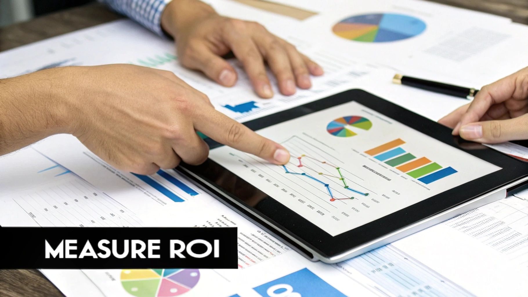 Hands pointing at business graphs on a tablet and papers, discussing financial data.
