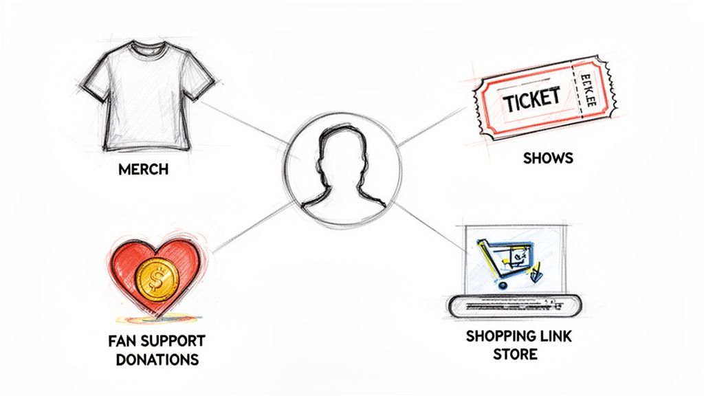 Diagram showing an artist's four primary income streams: merchandise, shows/tickets, fan donations, and an online store.