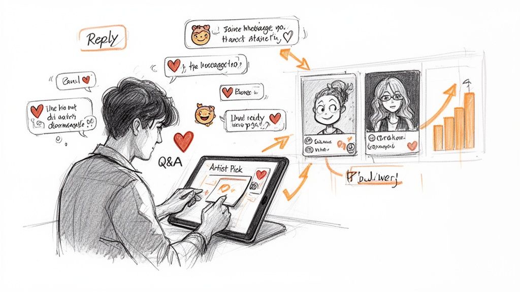A sketch showing a person interacting with a tablet, receiving replies, and viewing social media profiles and growth analytics.