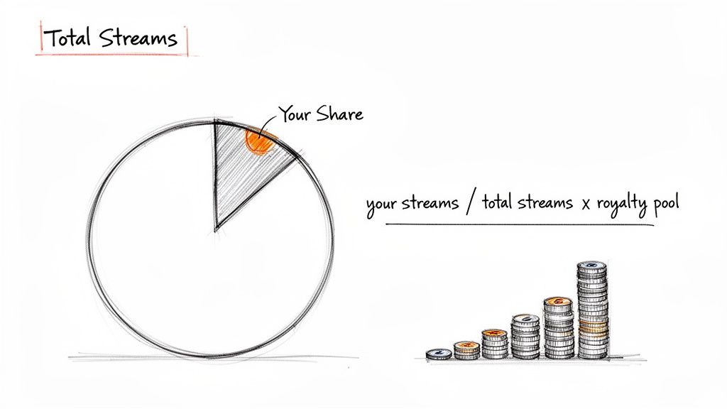 A diagram illustrating music royalty calculation based on your share of total streams and royalty pool.