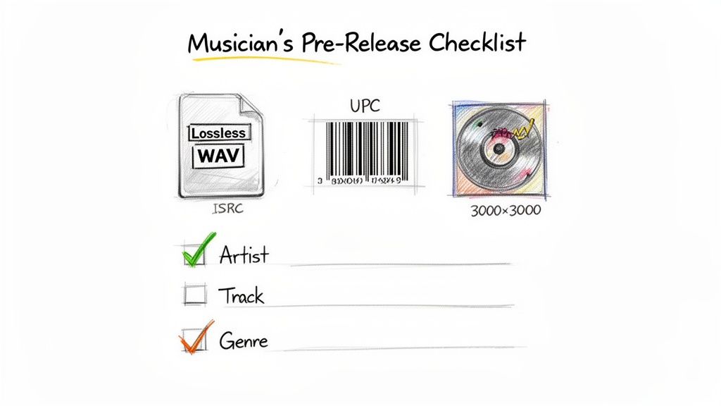 A musician's pre-release checklist showing audio file format, barcode, album art specs, and metadata.