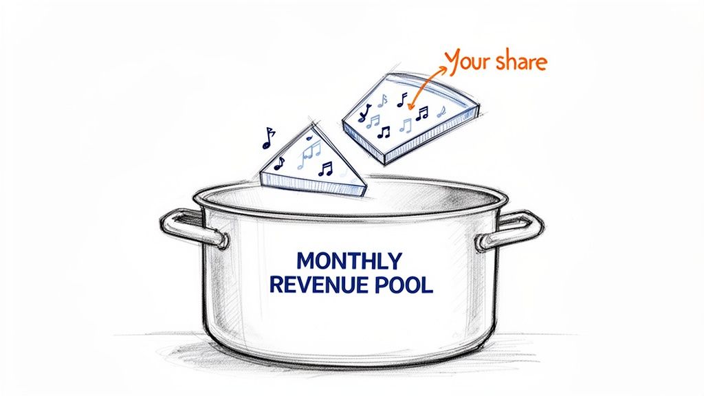 A pot labeled 'Monthly Revenue Pool' with musical note slices, one marked 'Your share', illustrating music earnings.