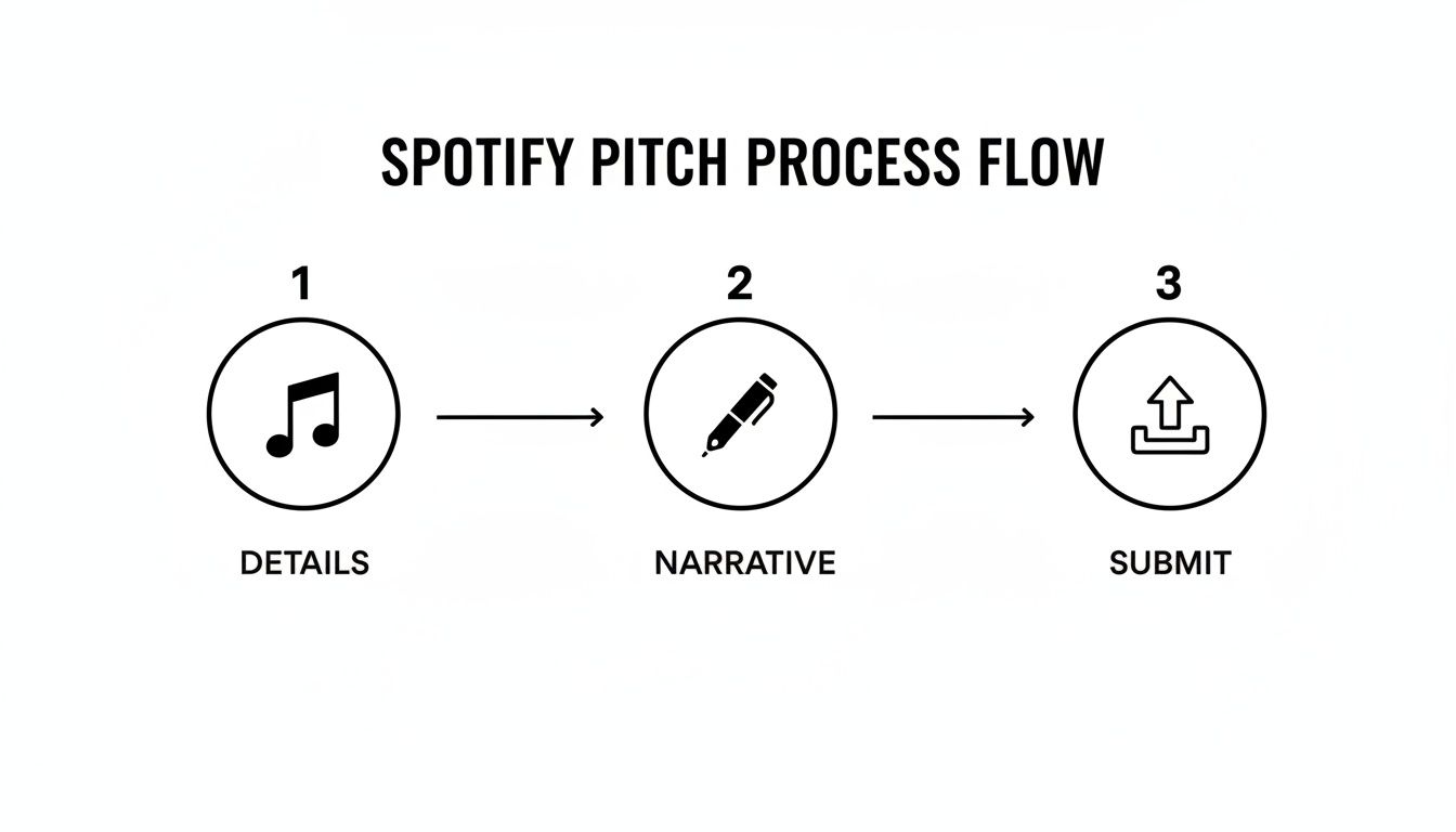 A three-step Spotify pitch process flow chart showing details, narrative, and submit stages.