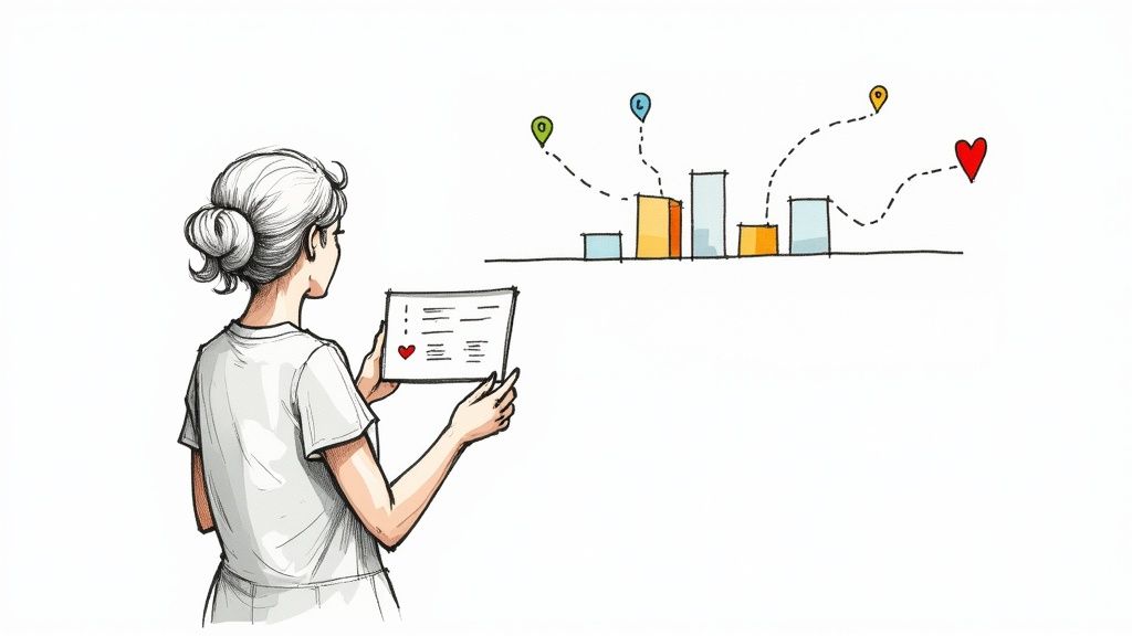 A person holds a tablet displaying a heart icon and text, observing a bar chart with colorful pins and a red heart.