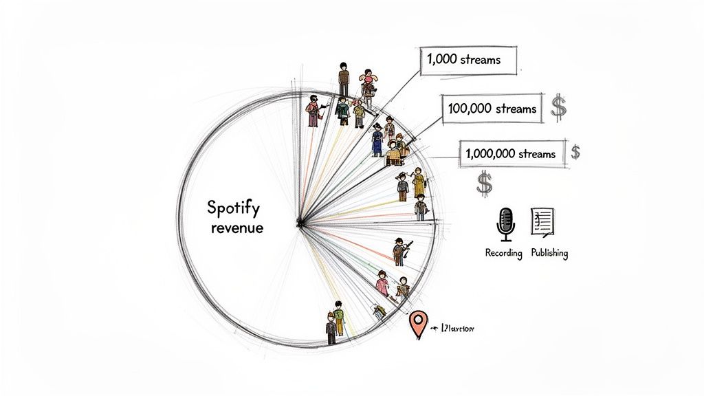 Spotify revenue distribution to artists via a pie chart, showing payouts for 1k, 100k, and 1M streams.