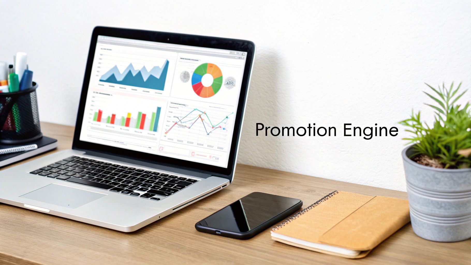 A laptop on a wooden desk showing business analytics graphs, with a smartphone, notebook, and a plant. Text reads 'Promotion Engine'.
