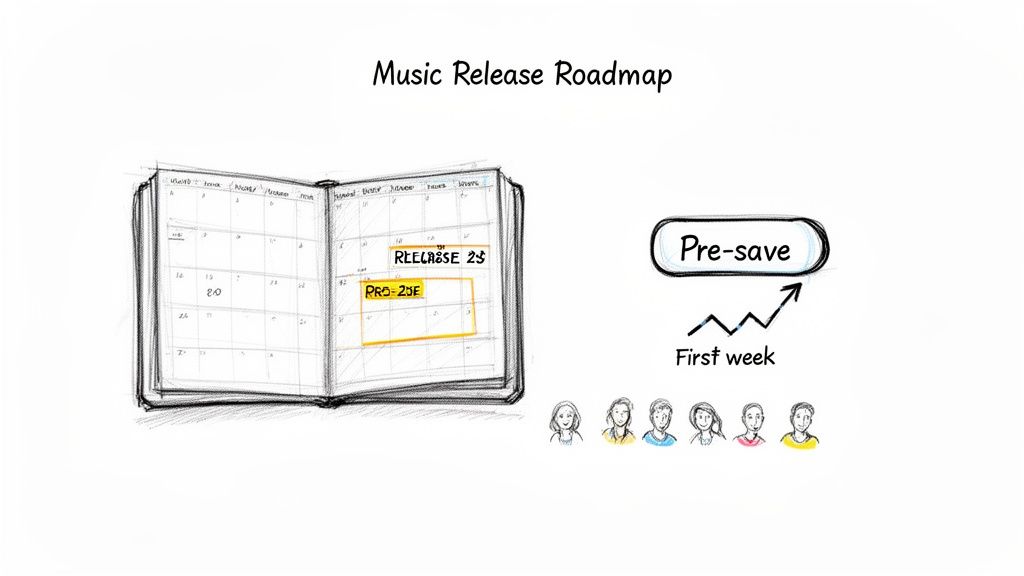 A music release roadmap showing a calendar with pre-save and release dates, illustrating marketing strategies.