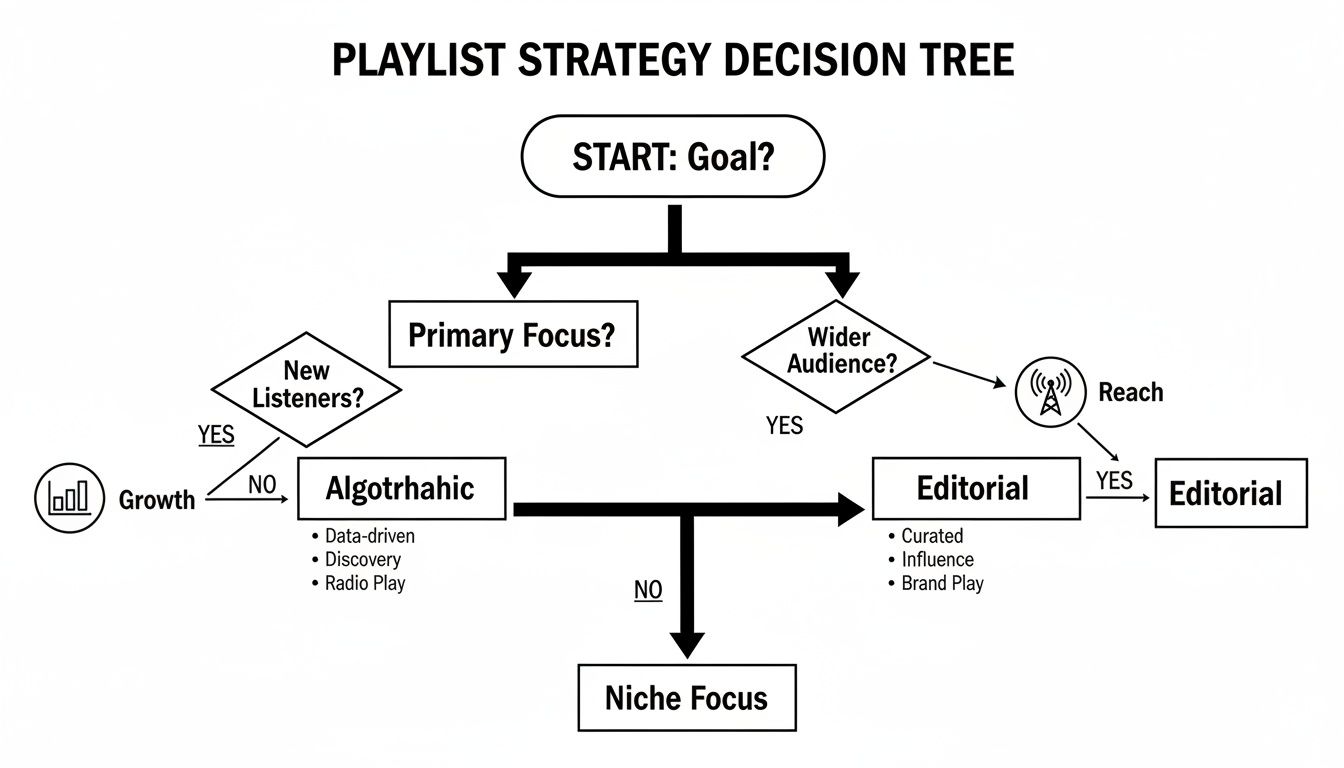 A flowchart illustrating a playlist strategy decision tree, guiding decisions based on audience and focus.