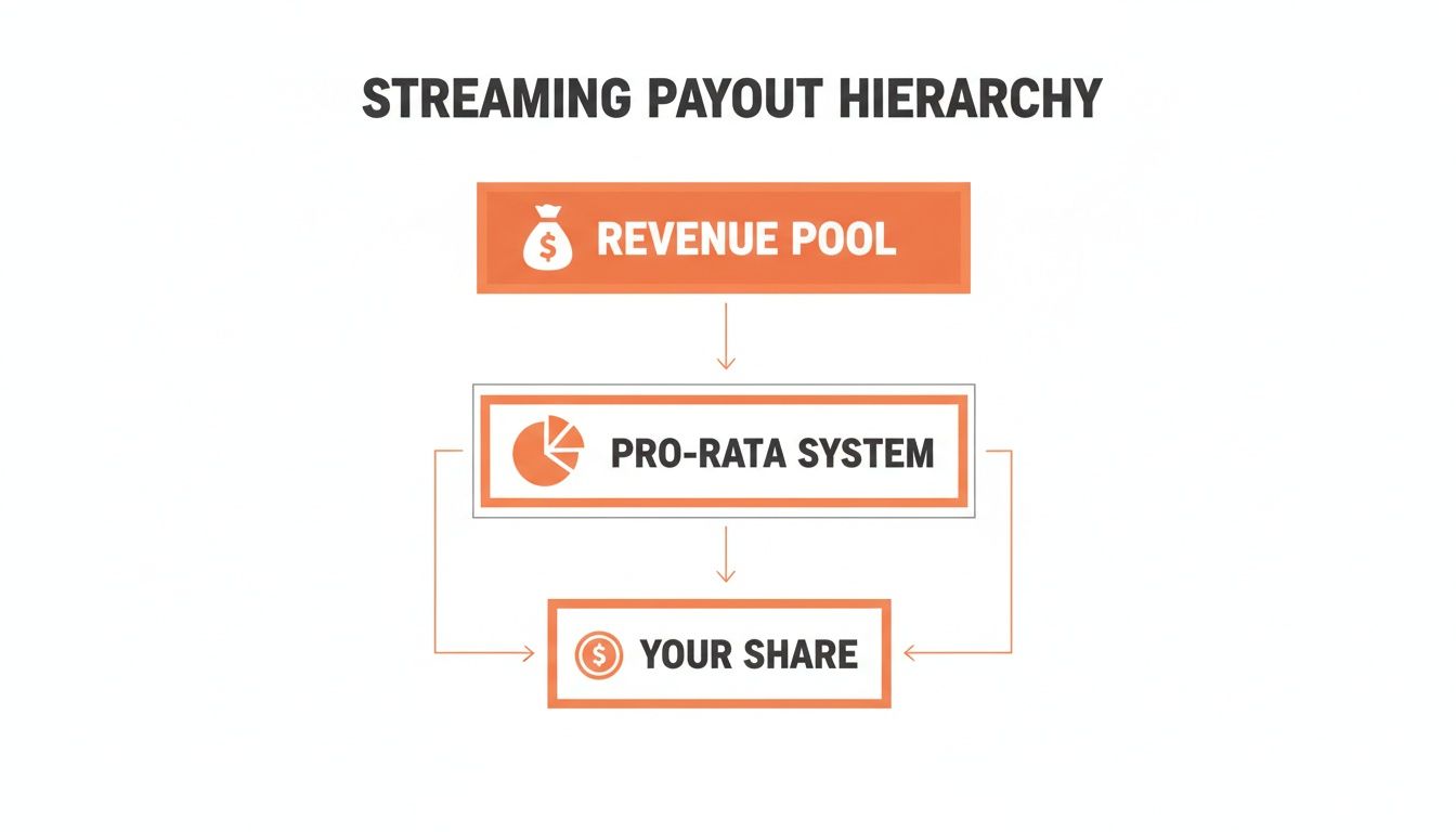 A diagram illustrating the streaming payout hierarchy from a revenue pool to your share via a pro-rata system.