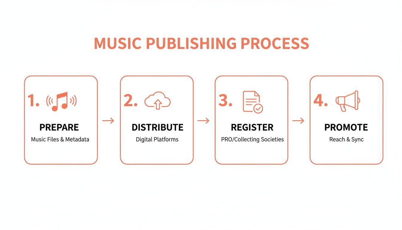 A clear infographic showing the four steps of the music publishing process from preparation to promotion.