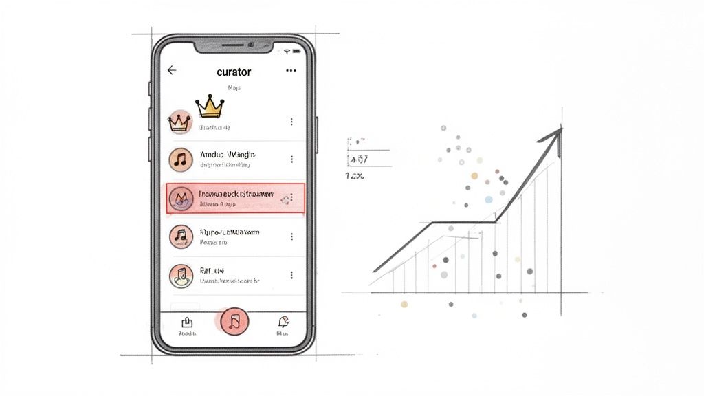 Sketch of a phone app showing a music curation list alongside a rising growth chart.