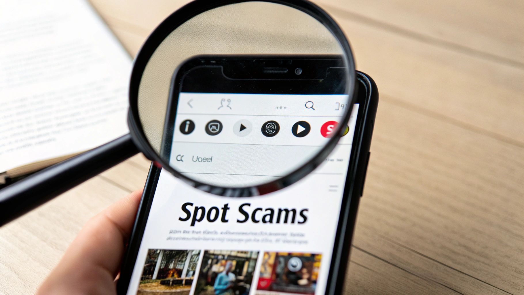 A hand holding a smartphone with a magnifying glass over its screen, displaying 'Spot Scams'.
