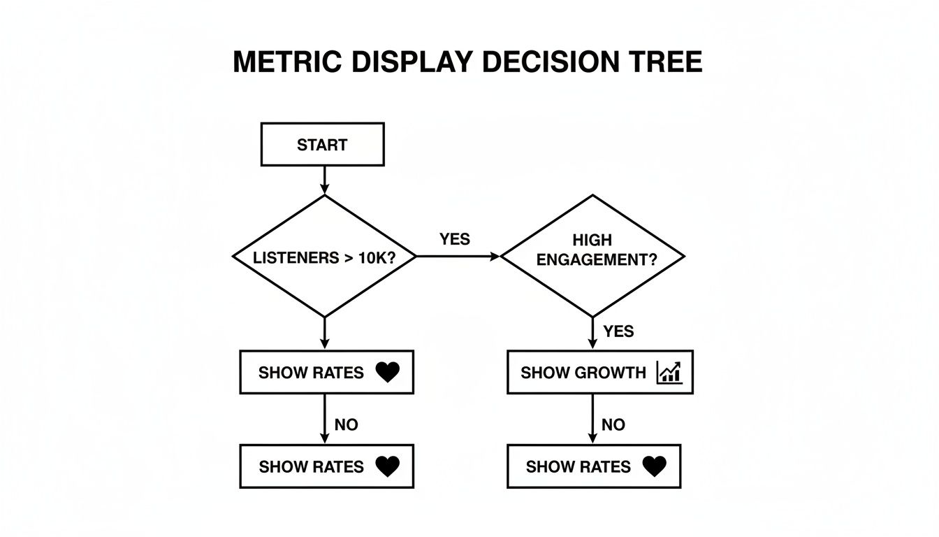 A flowchart illustrating a metric display decision tree based on listener count and engagement.
