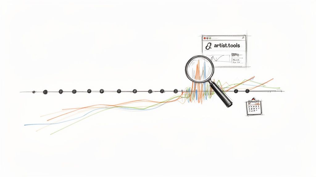 Hand-drawn sketch illustrating data analysis over time with graphs, a magnifying glass, and a calendar.
