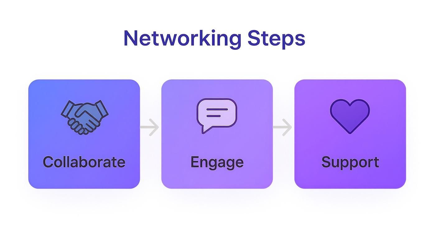 Infographic summarizing networking steps with icons for Collaborate, Engage, and Support.