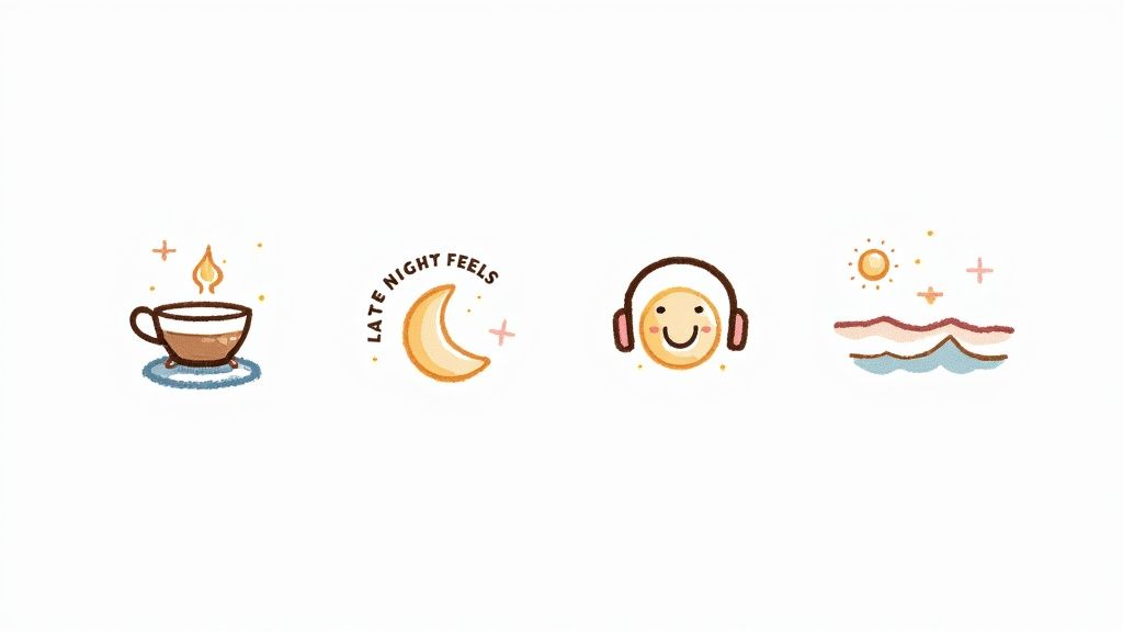 Four whimsical icons: a coffee cup, a crescent moon, a smiling face with headphones, and a sun over waves, representing different playlist moods.