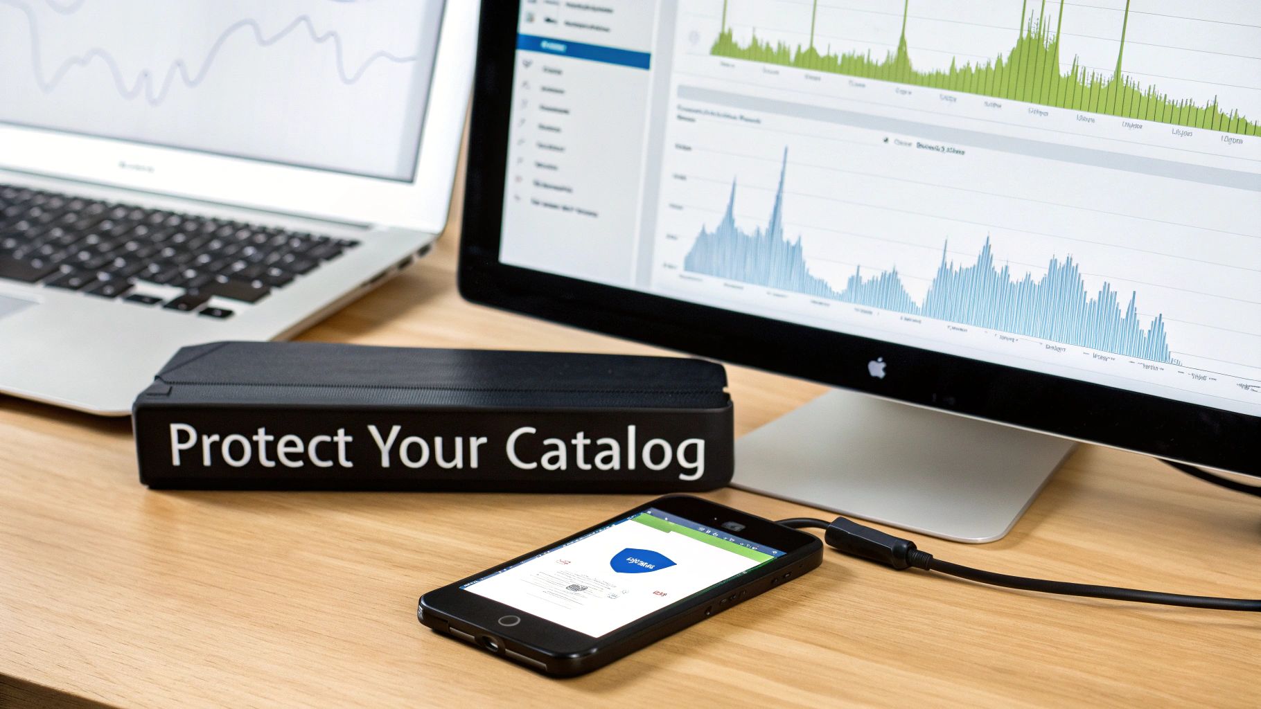 A desk setup with a laptop, a monitor displaying data graphs, a smartphone, and a 'Protect Your Catalog' sign.