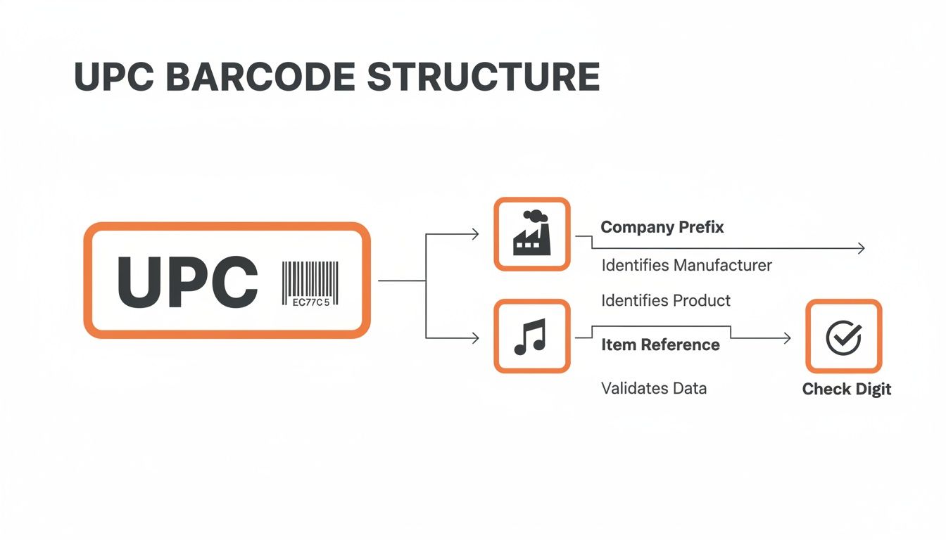 Diagram illustrating the UPC barcode structure, showing its breakdown into company prefix, item reference, and check digit.