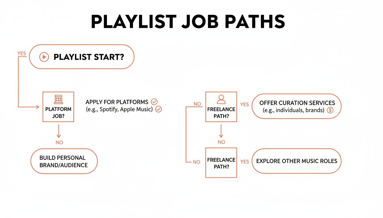 A flowchart detailing various playlist job paths, from platform employment to freelance curation.