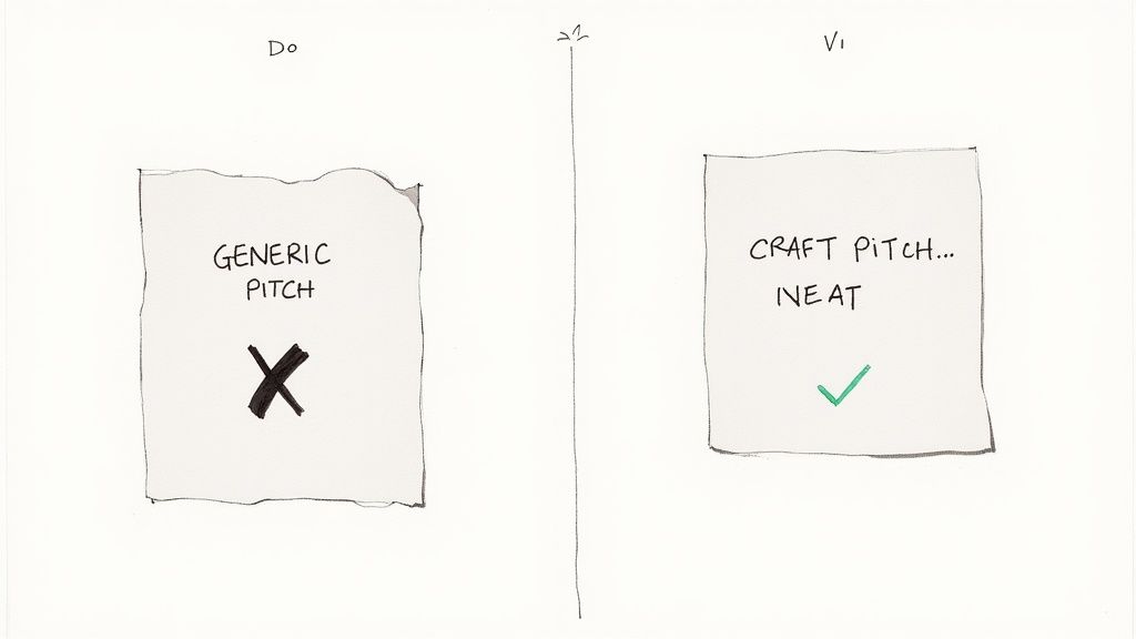 A red 'X' symbol over a generic, copy-pasted email on a laptop screen, illustrating a common pitching mistake to avoid.