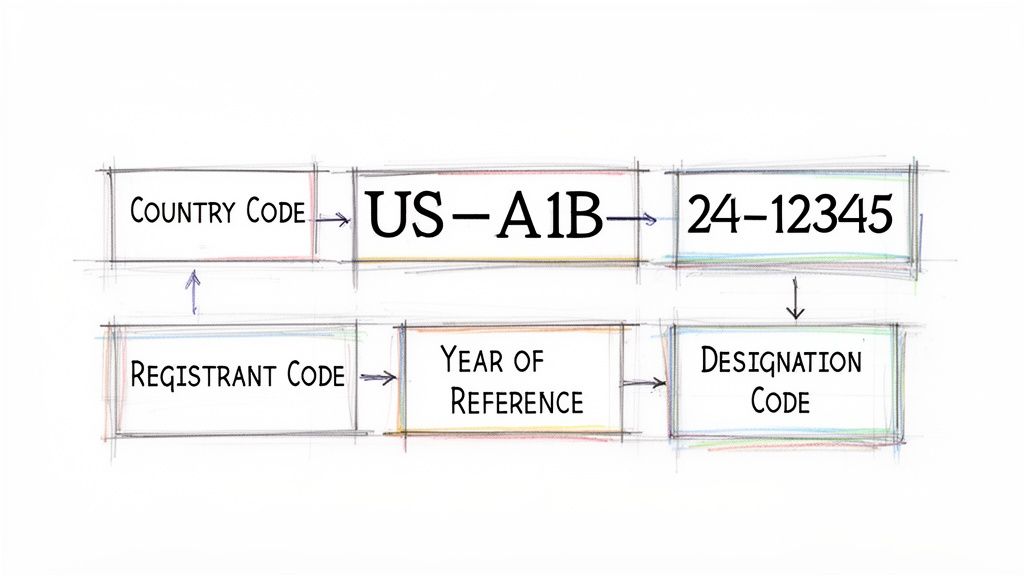 Diagram illustrating the structure of a code example US-A1B-24-12345, identifying country, registrant, year, and designation codes.