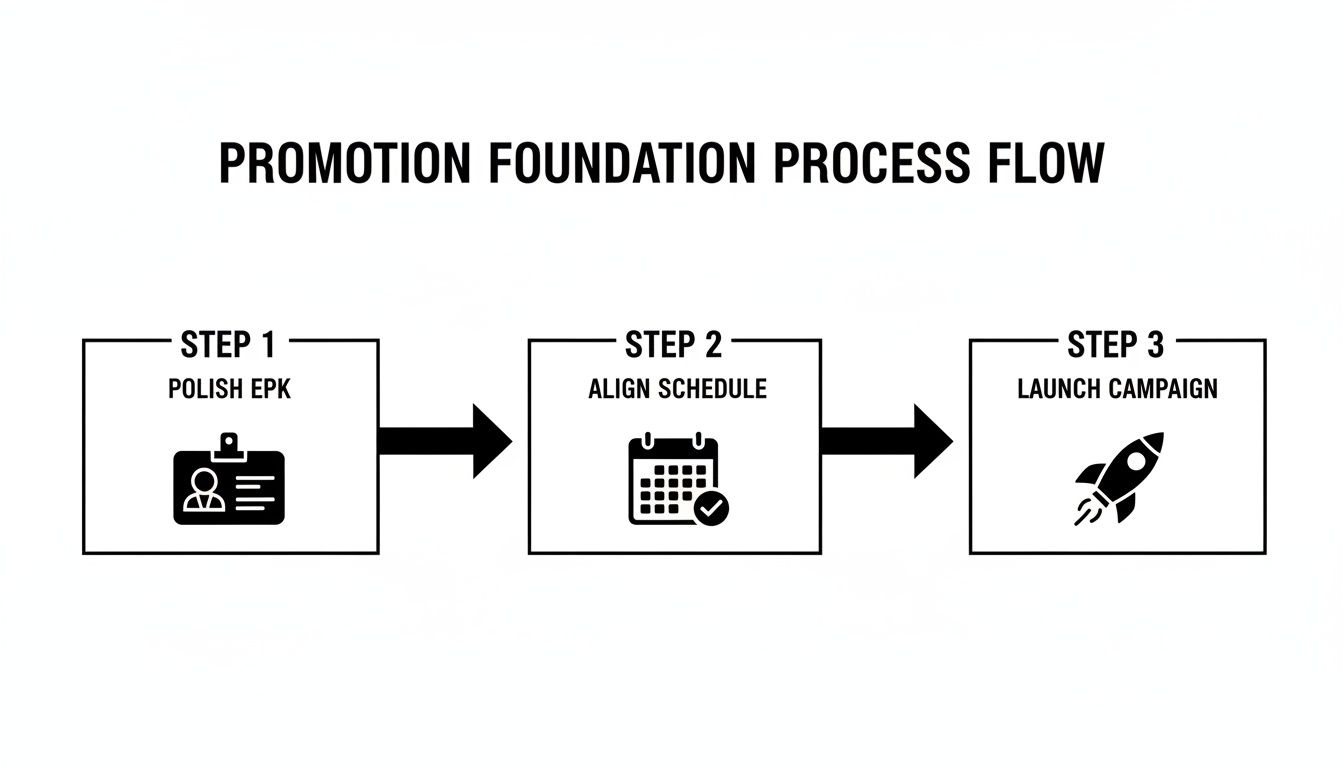 Process flow diagram illustrating three steps for promotion: polish EPK, align schedule, and launch campaign.