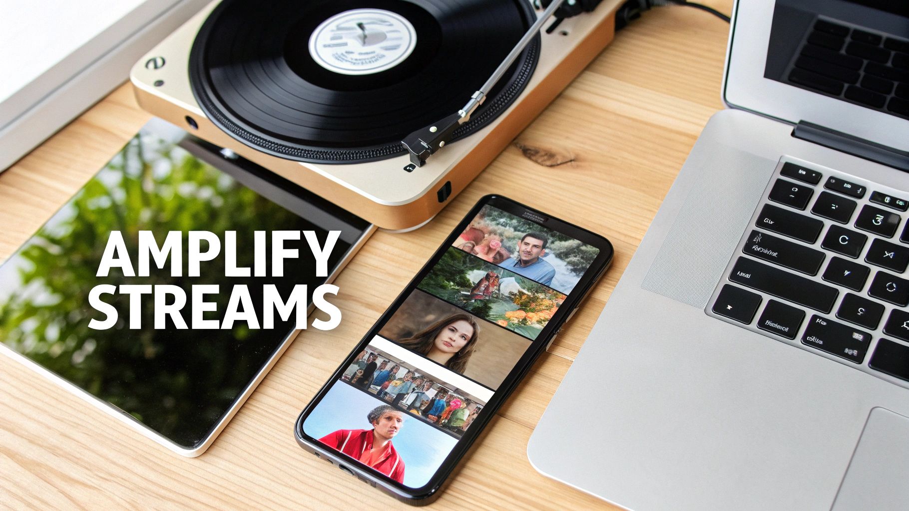 A top-down view of a record player, tablet displaying 'AMPLIFY STREAMS', smartphone with video content, and a laptop on a wooden desk.
