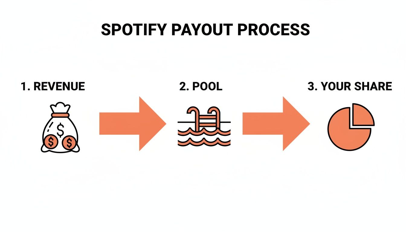 Flowchart illustrating the Spotify payout process from revenue collection to individual shares.