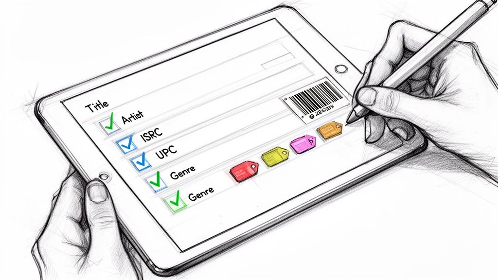 Hands use a stylus on a tablet to enter music metadata like artist, ISRC, and genre, with colorful tags.