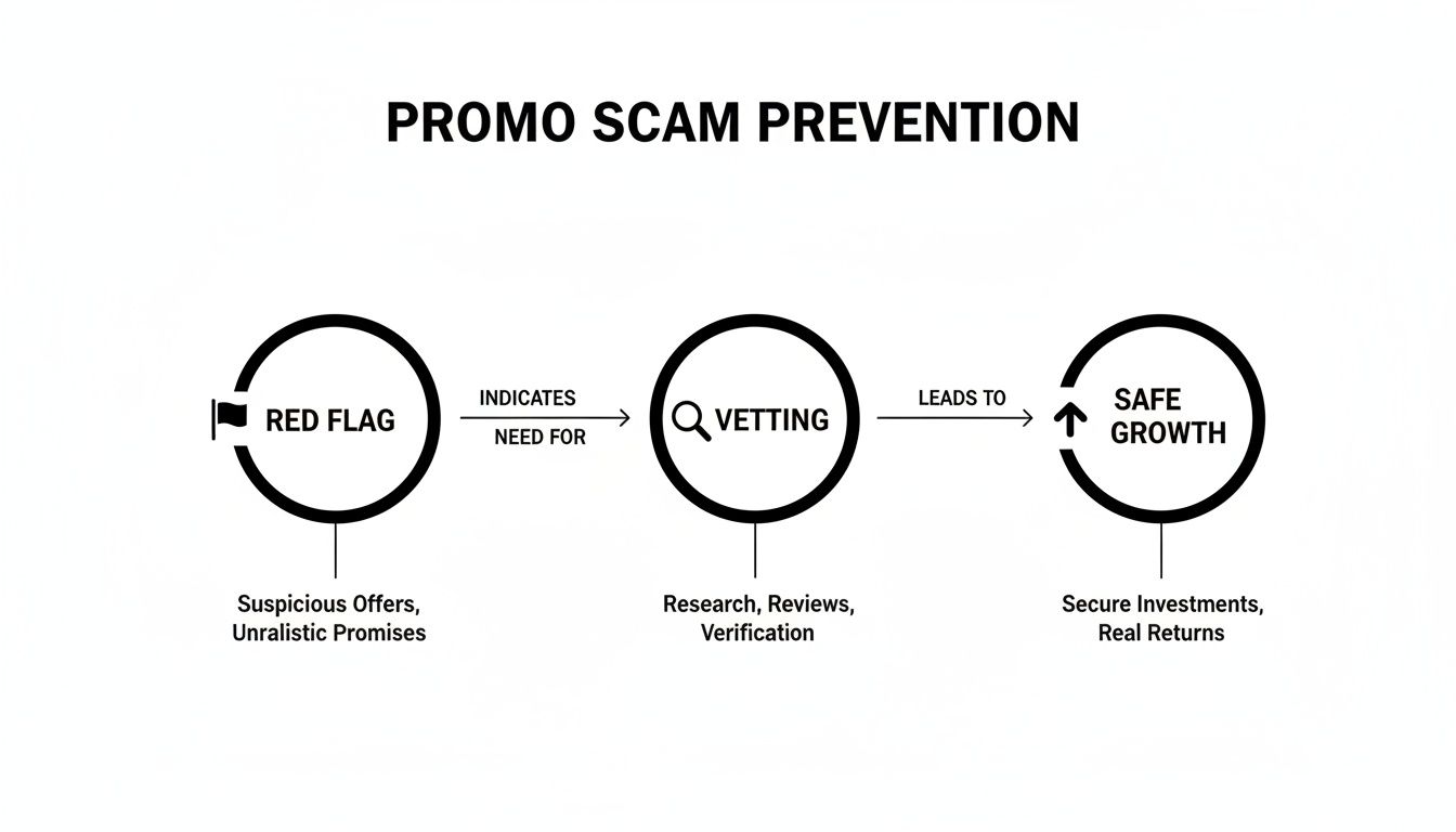 Process diagram detailing promo scam prevention, from identifying red flags to achieving safe growth through vetting.