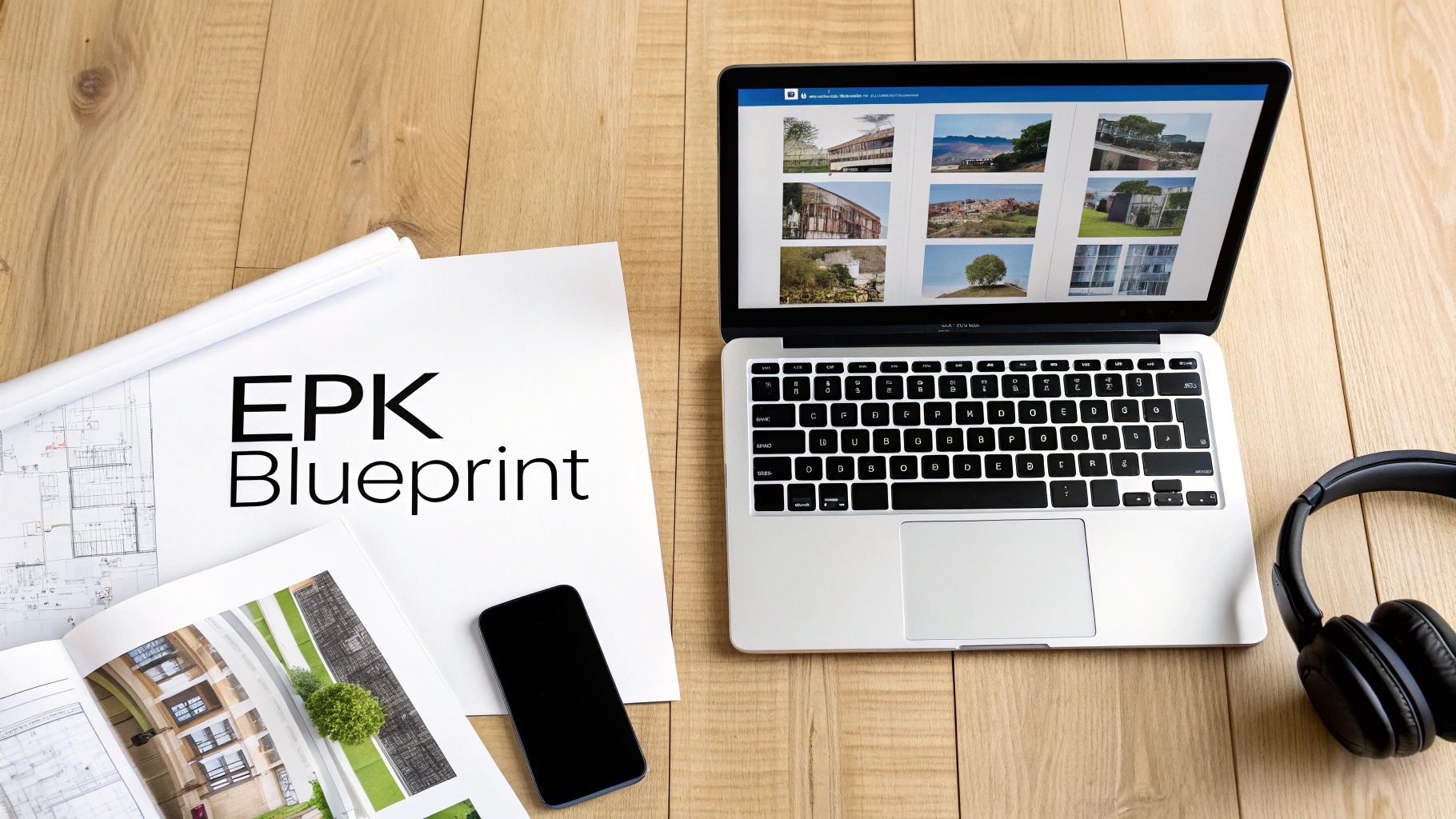 Overhead shot of a wooden desk with a laptop, headphones, phone, blueprints, and a paper saying 'EPK Blueprint'.