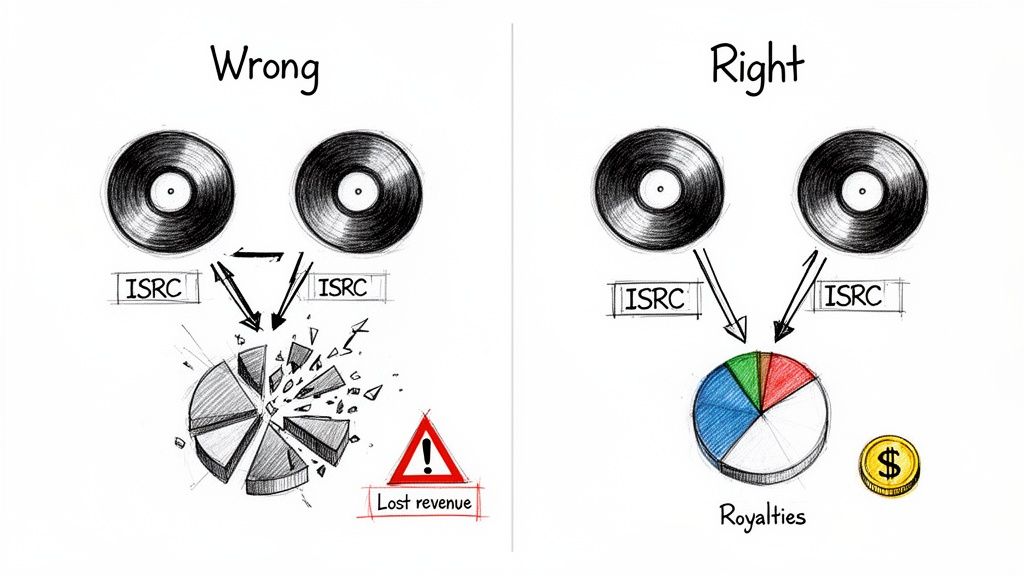 Visual comparison of wrong vs. right ISRC code management for music royalty collection.