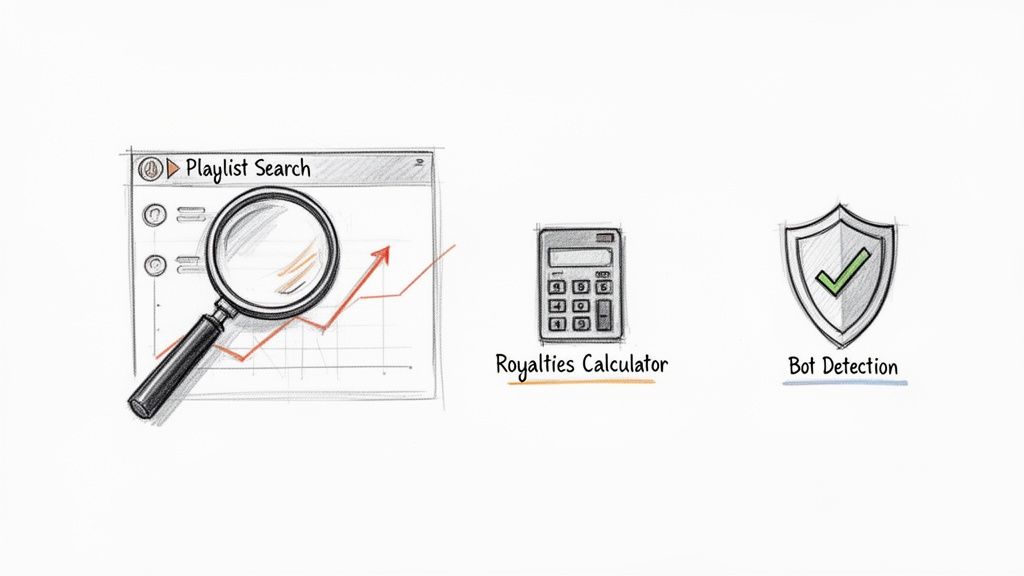 Sketches of music analytics tools including playlist search, royalties calculator, and bot detection.