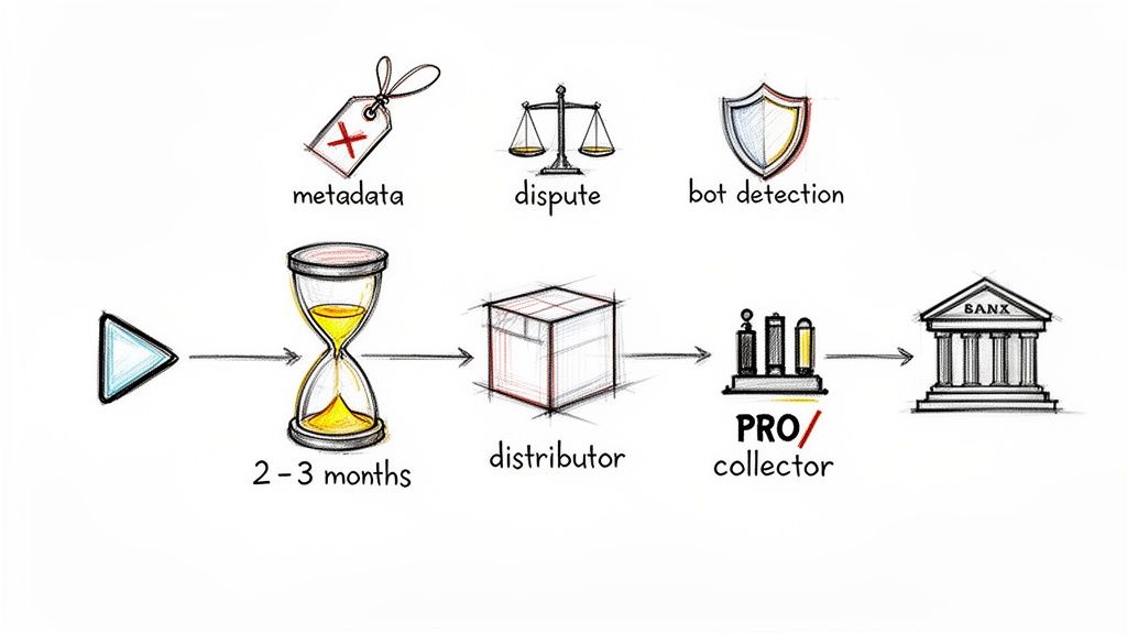 Diagram illustrating the multi-stage journey of digital content and royalties, including distribution and collection challenges.