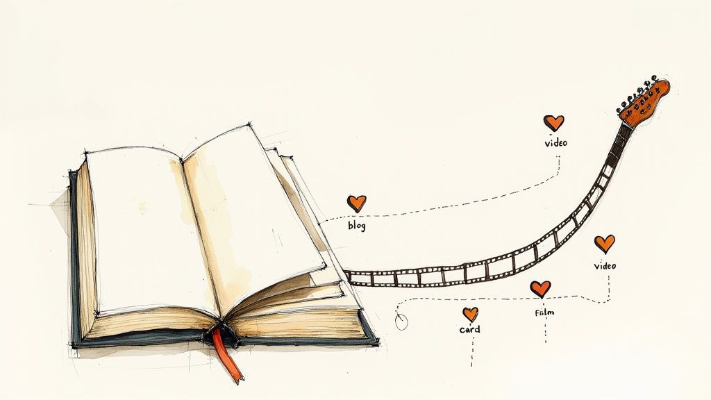 Open book with film strip connecting to electric guitar representing creative music promotion journey