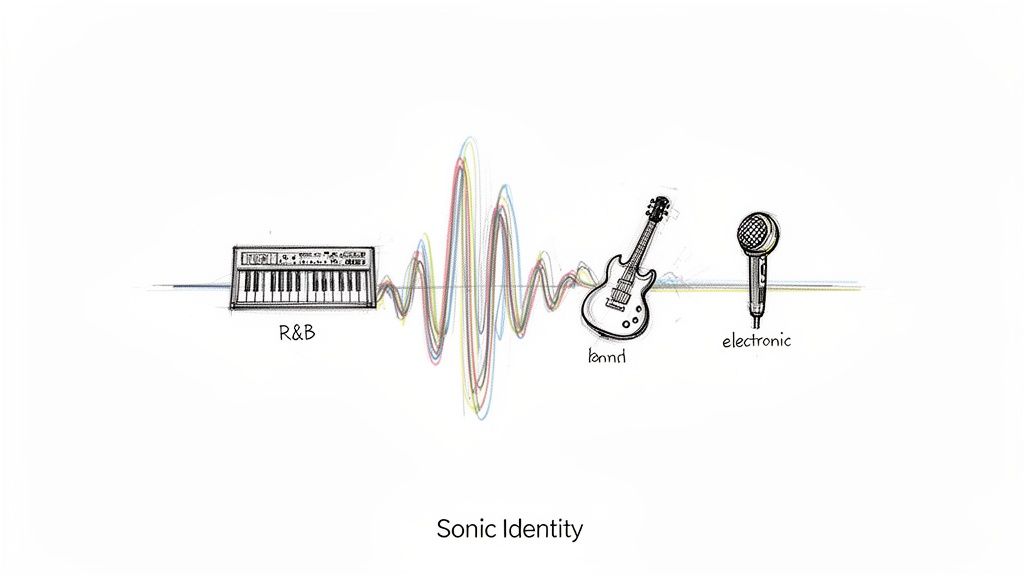 An illustration of sonic identity, featuring a keyboard, colorful sound wave, electric guitar, and microphone with genre labels.