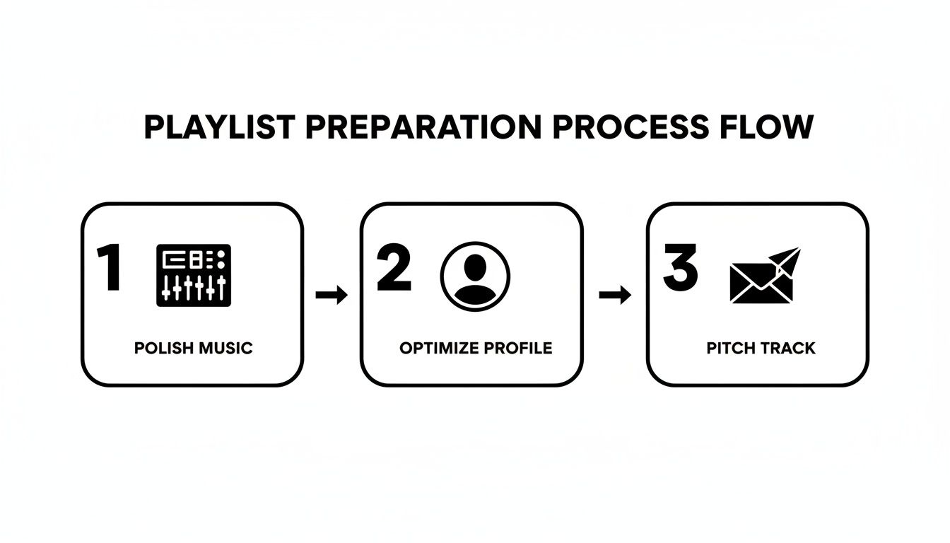 A three-step playlist preparation process flow showing polish music, optimize profile, and pitch track.