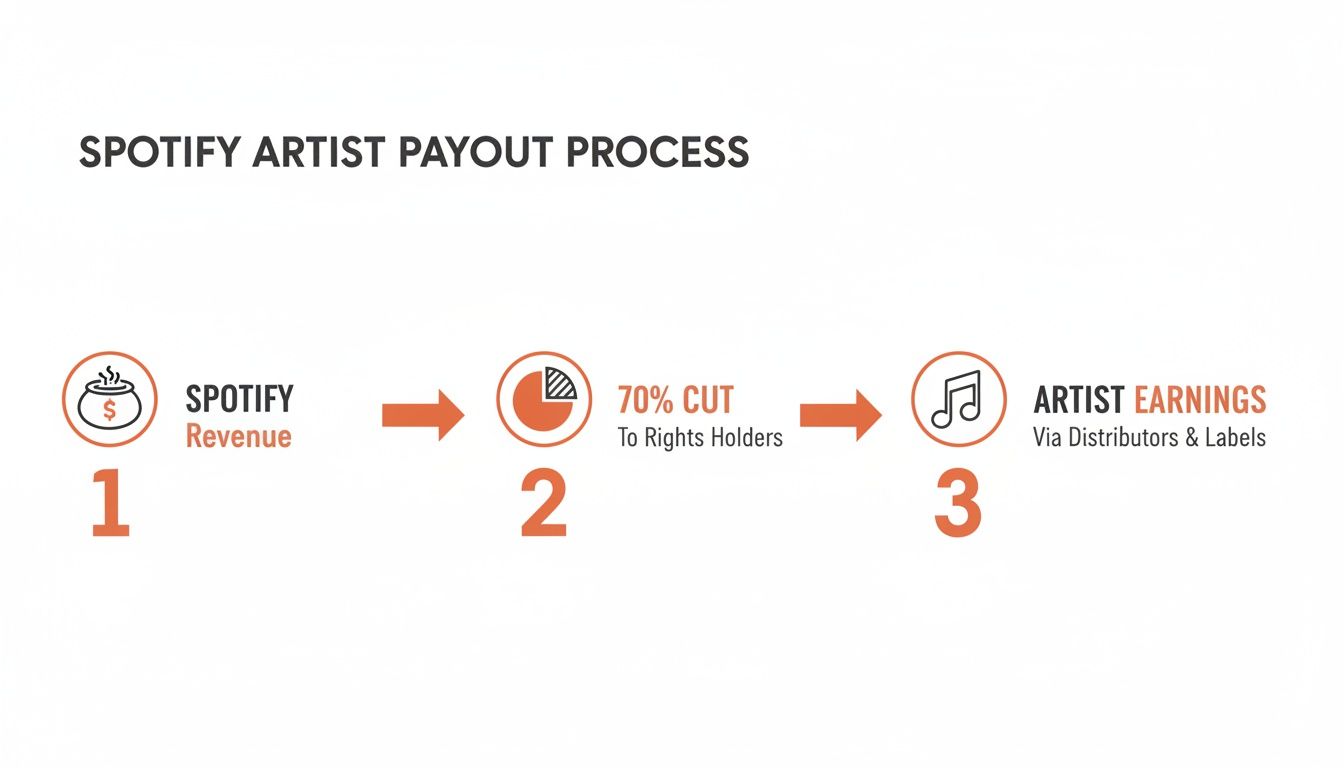 Infographic detailing Spotify's artist payout process: revenue, rights holder cut, and artist earnings.