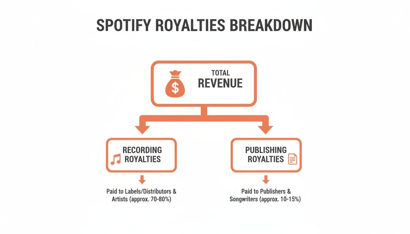 A flowchart detailing Spotify royalties breakdown, showing total revenue split into recording and publishing royalties.